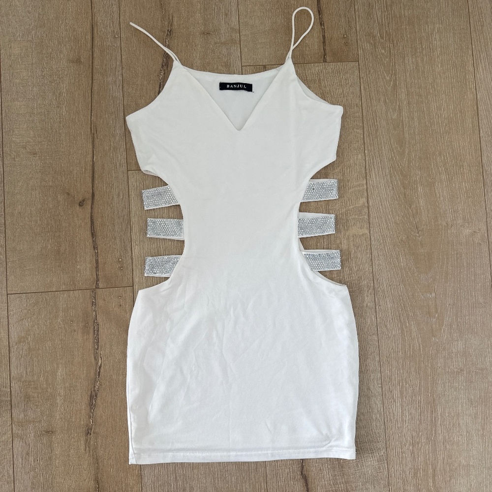 Party sexy white cut out dress, spaghetti straps, with shiny crystals on waist s